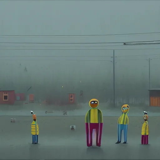 Image similar to simon stalenhag, bananas in pajamas, foggy, horror