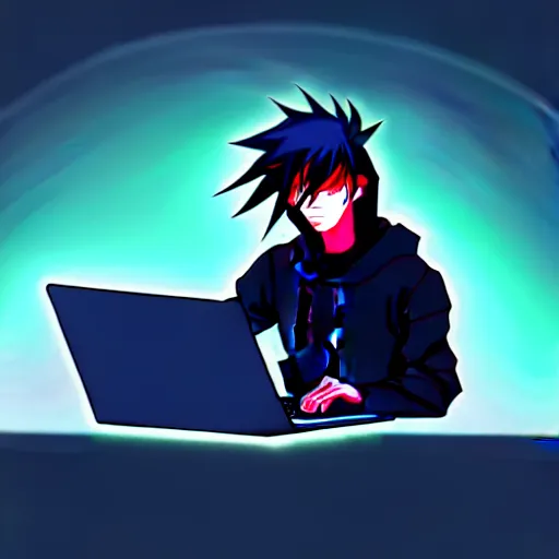 Image similar to a cyberpunk teenager boy with a black hoodie sitting behind his laptop and programming, digital art, anime style, trending on Artstation