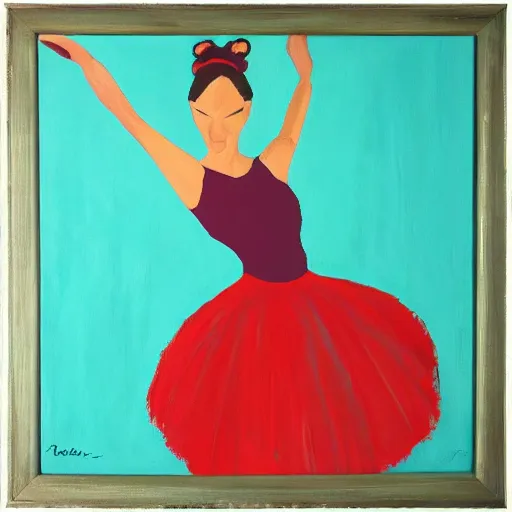 Image similar to square painting of a ballerina drinking wine in a teal room all on a red background