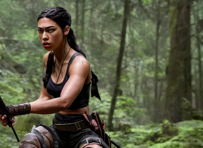 Image similar to film still of!!!! amber midthunder!!! as lara croft in new tomb raider movie, 8 k