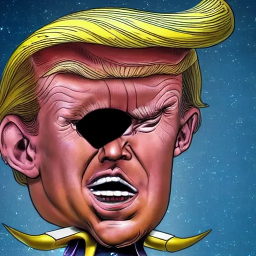 Image similar to donald trump's head as modok, the mental organism designed only for killing, little man in hovering throne, full body, psychic alien with huge head, marvel supervillain character