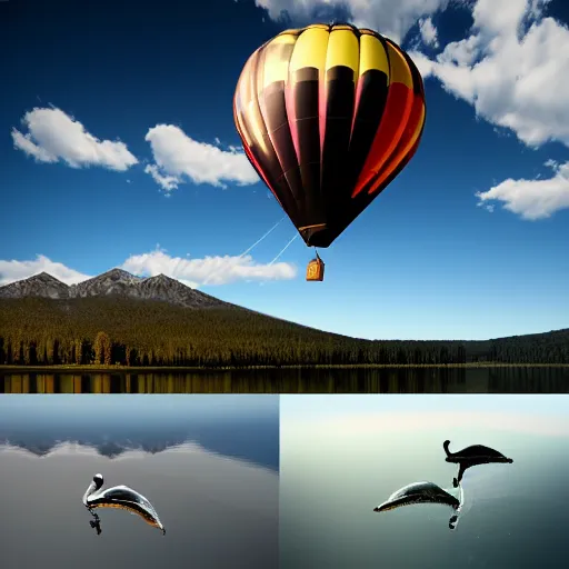 Prompt: realistic extremely detailed photo of a hot air balloon flying above a beautiful reflective mountain lake, two black swans swimming in the lake, touching heads, forming a heart with their necks, granular detail, oil on canvas, intricate, portrait, 8k highly professionally detailed, HDR, CGsociety, octane render, 4k, f32,55mm photography, wide angle