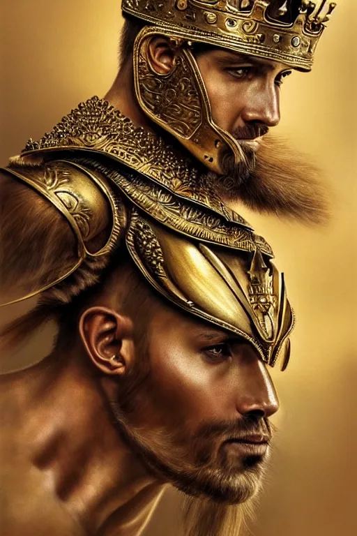 Image similar to Hyper-realistic Portrait of the King of the Desert, Warrior Man, Gold Armour and Crown, Sword, handsome attractive face, beautiful face, photo realistic, highly detailed, dramatic lighting, majestic, trending on artstation, elegant, intricate, highly detailed, digital painting, concept art, sharp focus, illustration, art by artgerm and greg rutkowski and alphonse mucha