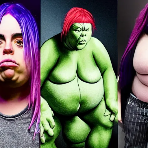 Image similar to morbidly obese billie eilish transforming into a hulk