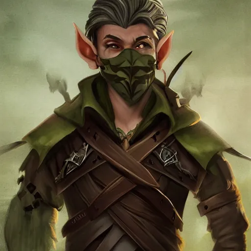 Prompt: Male Wood Elf Rogue, dnd, d&d, leather armor, black bandana mask, Chest Guard, Brown Hair, green eyes, visible face, pretty face features, high fantasy, matte painting, by wlop