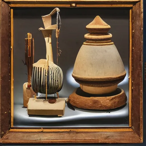 Image similar to a three color offset photography of single surrealist object on display, anthropology of wonder, ( ( ( surrealism ) ) ), exotic artifacts, colonial expedition, exhibition, 6 0 s style