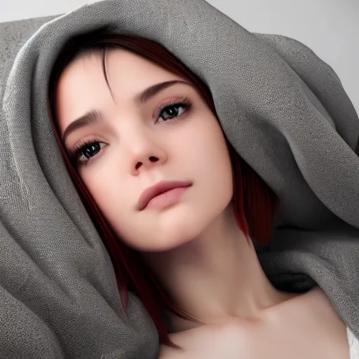 Image similar to 3 d render of a cute thin young woman, red blush, wearing casual clothes, small smile, relaxing on a couch, cuddling up under a blanket, cozy living room, medium shot, 8 k, octane render, trending on artstation, art by artgerm, unreal engine 5, hyperrealism, hyperdetailed, ultra realistic