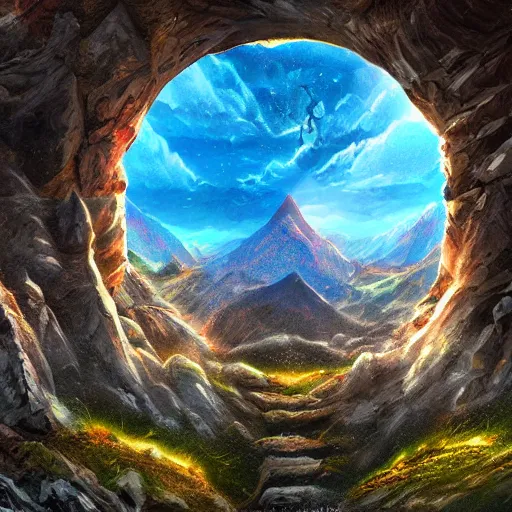 Image similar to Multiverse portal in a mountain, digital art, realistic, high definition, detailed, artstation, concept art