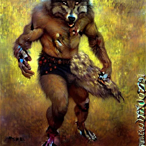 Image similar to a male boarman wolf man wearing a shirt and pants furry arms furry body walking stick new york. furaffinity furry art detailed face painting by gaston bussiere craig mullins jc leyendecker gustav klimt artgerm greg rutkowski furry