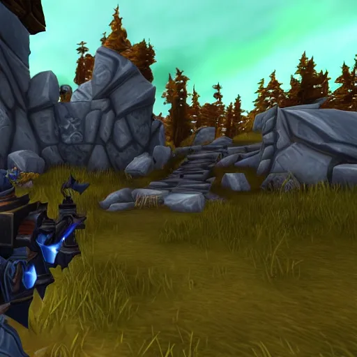 Image similar to world of warcraft re - imagined as a first person shooter. holding a rifle with a scope