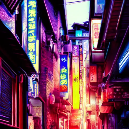 Image similar to japan narrow street with neon signs and a girl with umbrella wearing techwear, digital art, sharp focus, wlop, artgerm, beautiful, award winning, cyberpunk color style