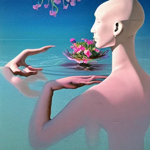 Prompt: Syd Mead, award winning masterpiece with incredible details, Syd Mead, a surreal vaporwave vaporwave vaporwave vaporwave vaporwave painting by Syd Mead of an old pink mannequin head with flowers growing out, sinking underwater, highly detailed Syd Mead