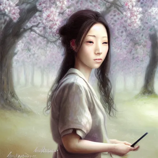 Prompt: detailed portrait of japanese girl in a spring, spring light, painting by lise deharme