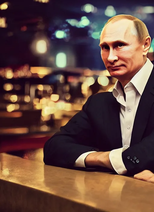 Image similar to a professional photo of person looking like vladimir putin sitting on bar, hand on table, rolex watches, taken in night club, blur background