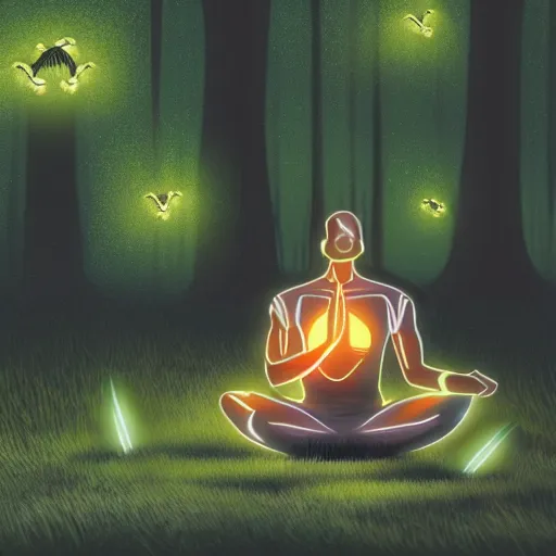 Image similar to A cyborg meditating under a tree at night, fireflies flying around him, photorealistic style