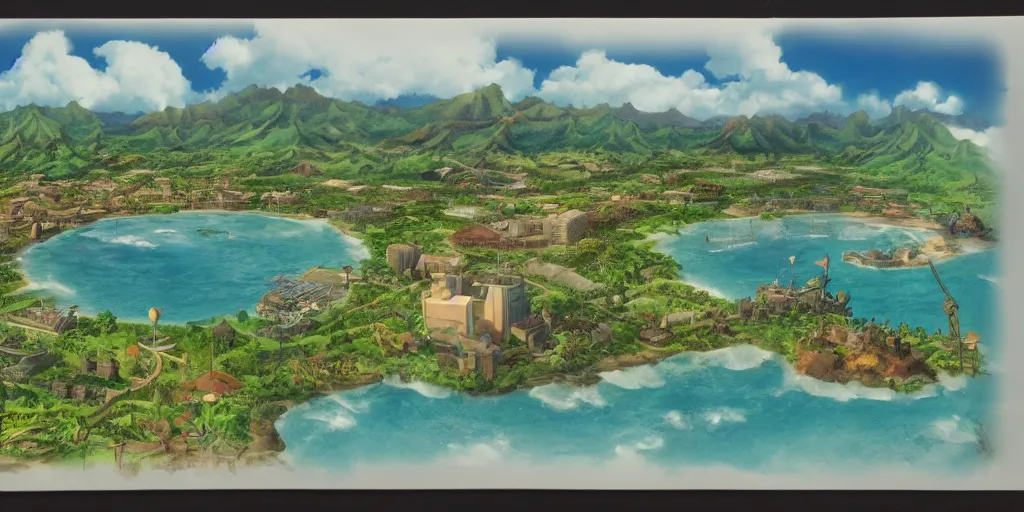 Prompt: background plate matte painting ghibli pixar dreamworks vista hawaii.