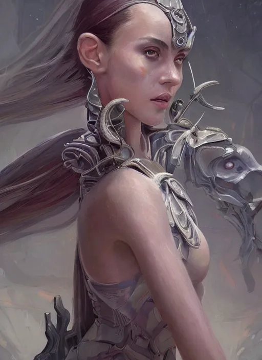 Image similar to a professional painting of a beautiful young female alien, clothed in ethereal armor, olive skin, long dark hair, beautiful bone structure, symmetrical facial features, intricate, elegant, digital painting, concept art, smooth, sharp focus, illustration, from Valerian and the City of a Thousand Planets, by Ruan Jia and Mandy Jurgens and Artgerm and William-Adolphe Bouguerea