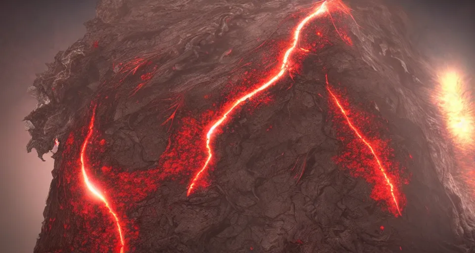 Image similar to a volcano made of ivory vines and crimson rocks enters in eruption, it spits a smoke in the shape of demonic eye, from Lineage 2