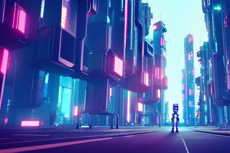 Image similar to a cute big robots in a cyberpunk city. super realistic 8 k render of a elegant, cinematic composition