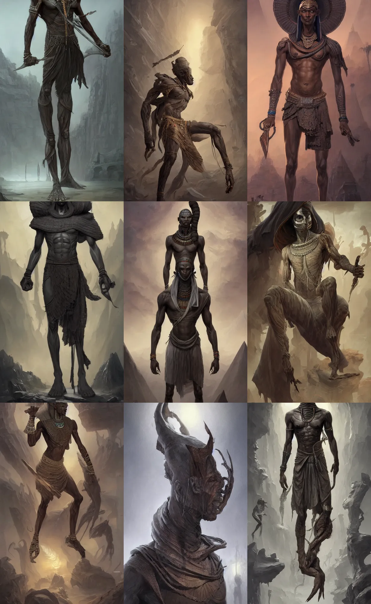 Prompt: dark grey skin, thin corpse, egyptian mummy king, male, full body shot, highly detailed, digital painting, artstation, concept art, sharp focus, illustration, orientalism, art by aleksi briclot and mohrbacher and raphael lacoste and magali villeneuve