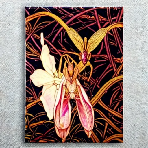 Image similar to potrait of an orchid mantis by William Morris and Carlos Schwabe, horizontal symmetry, exquisite fine details, Art Nouveau botanicals, deep rich moody colors
