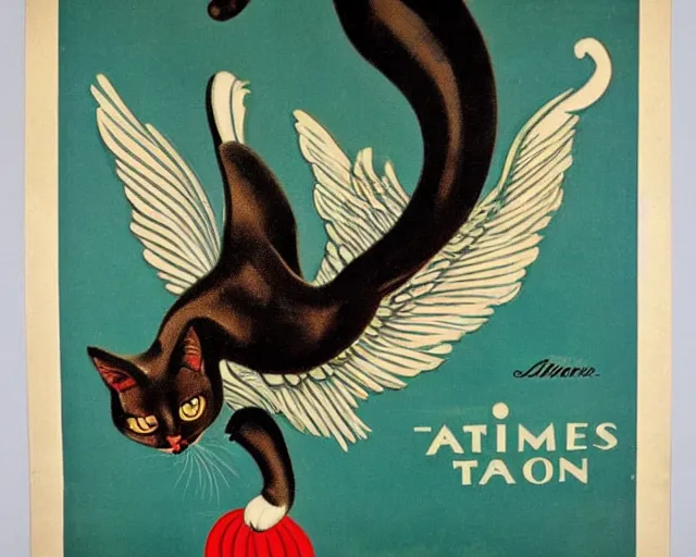 Image similar to vintage art deco animal poster depicting a cat with wings and talons