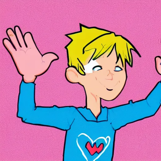 Prompt: boy cartoon character saying i love alex, high quality, making a heart sign with his hand, digital art,