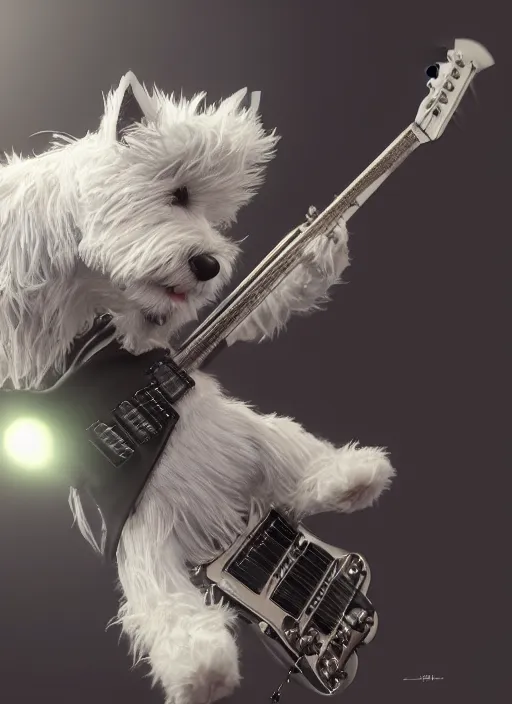 Image similar to a high detail shot of an Anthropomorphic west highland white terrier as a heavy metal guitarist, photorealism, volumetric lighting, epic lighting, artstation, hd