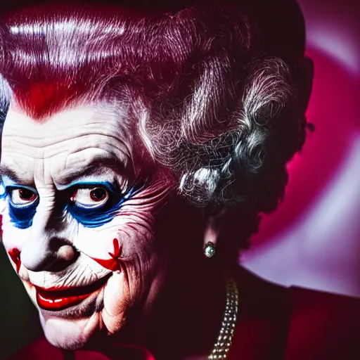 Image similar to queen elizabeth ii as the joker, canon eos r 3, f / 1. 4, iso 2 0 0, 1 / 1 6 0 s, 8 k, raw, unedited, symmetrical balance, in - frame