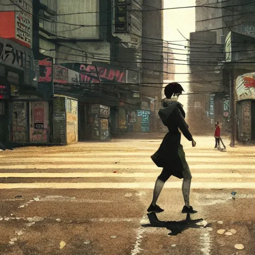 Image similar to incredible wide screenshot, ultrawide, simple watercolor, rough paper texture, ghost in the shell movie scene, backlit distant shot of girl in a parka running from a giant robot invasion side view, yellow parasol in deserted dusty shinjuku junk town, broken vending machines, bold graphic graffiti, old pawn shop, bright sun bleached ground, mud, fog, dust, windy, scary robot monster lurks in the background, ghost mask, teeth, animatronic, black smoke, pale beige sky, junk tv, texture, brown mud, dust, tangled overhead wires, telephone pole, dusty, dry, pencil marks, genius party,shinjuku, koji morimoto, katsuya terada, masamune shirow, tatsuyuki tanaka hd, 4k, remaster, dynamic camera angle, deep 3 point perspective, fish eye, dynamic scene