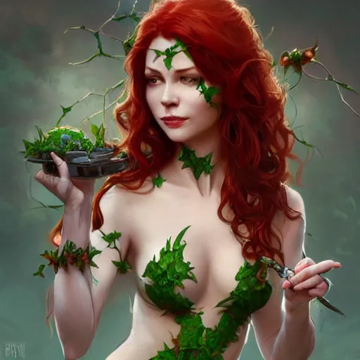 Prompt: a beautiful and detailed matte painting of poison ivy dressed as a hospital nurse, fantasy, d & d, dark eyeliner, intricate, elegant, highly detailed, digital painting, artstation, concept art, matte, sharp focus, illustration, art by greg rutkowski and alphonse mucha