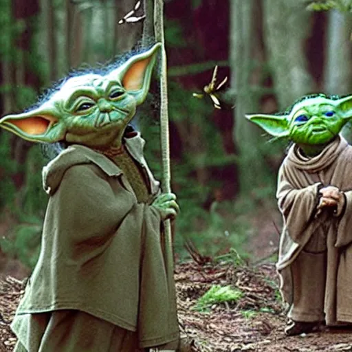 Image similar to yoda's species surounded by creatures