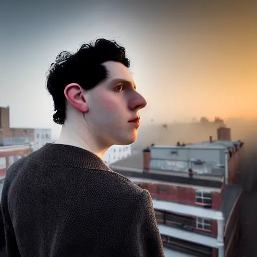 Image similar to un ultra high definition studio quality photograph portrait of a pale young man with black hair standing on the rooftop of an apartment building in cardiff wearing eclectic clothes looking away from the camera. wide angle. morning. art directed. clear. fog. three point light. extremely detailed. golden hour, golden ratio, ray tracing, volumetric light, shallow depth of field.