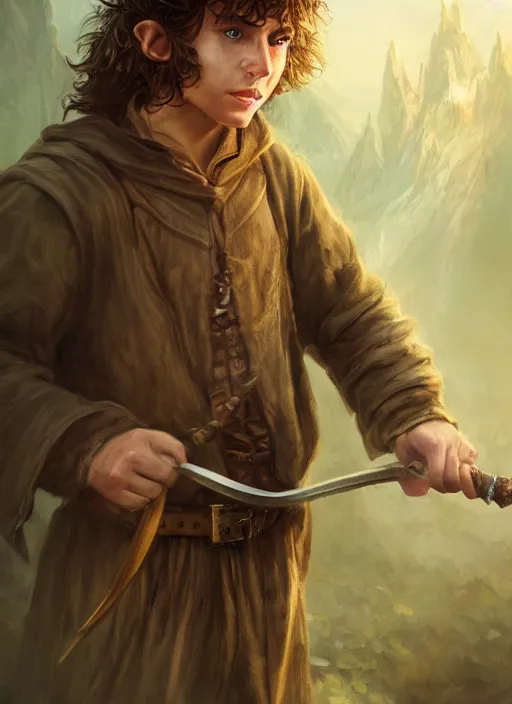 Image similar to teenage hobbit wizard, brown hair, acne, Ivan Aivakovsky, Boris Vallejo, epic fantasy character art, D&D Concept Art, full length, Realistic, Regal, Refined, Detailed Digital Art, Oil Paining, Exquisite detail, post-processing, masterpiece, Cinematic Lighting, Unreal Engine, 8k, HD