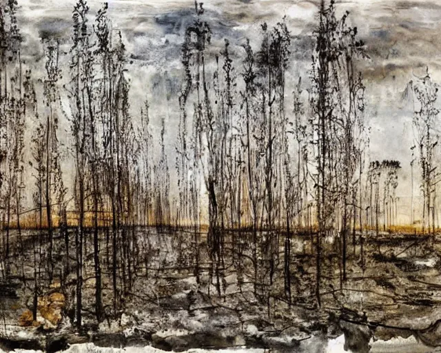 Image similar to A haunted landscape. Anselm Kiefer.