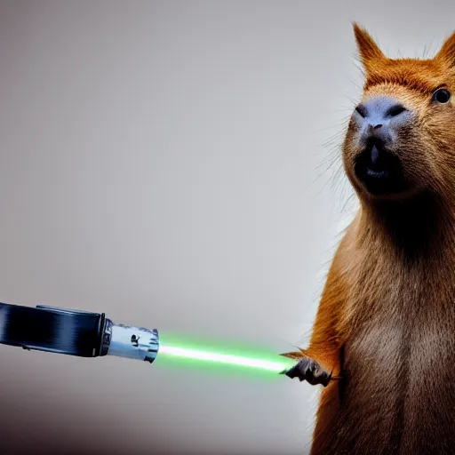 Image similar to A Realistic capybara posing with a glowing Jedi light saber in a well lit white room, 4k Photograph