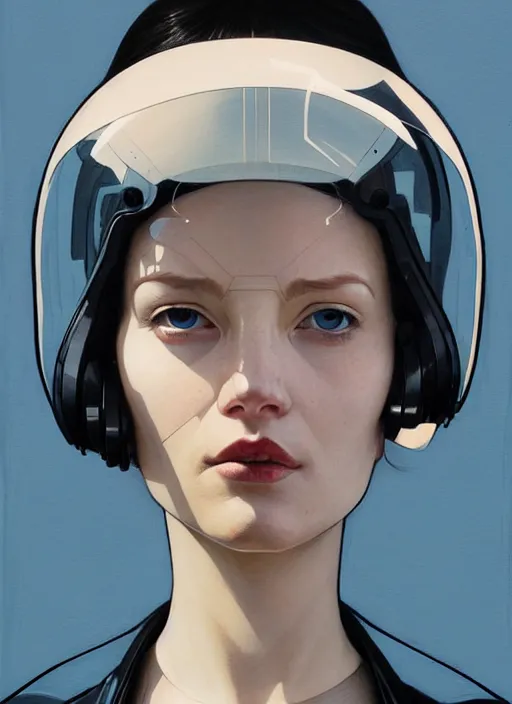 Image similar to artwork by james jean and Phil noto; a close up on the face of a beautiful woman in a future space suit; wearing futuristic astronaut helmet; highly detailed; pretty eyes; circular black pupils; artwork by james jean and Phil noto