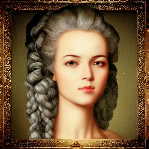 Prompt: “ head shot of a pretty girl, marie antoinette, cyberpunk, rococo, fine face details, digital art, trending on art station ”