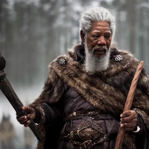 Image similar to morgan freeman in a dark viking hood playing odin all father from the thor movie, highly detailed, cinematic shot, cinematic lighting, 8 k, exquisit facial detail