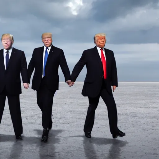 Image similar to boris johnson, vladimir putin and donald trump holding hands, raining dollars, oil field background, 4 k, dslr photo, realistic, accurate