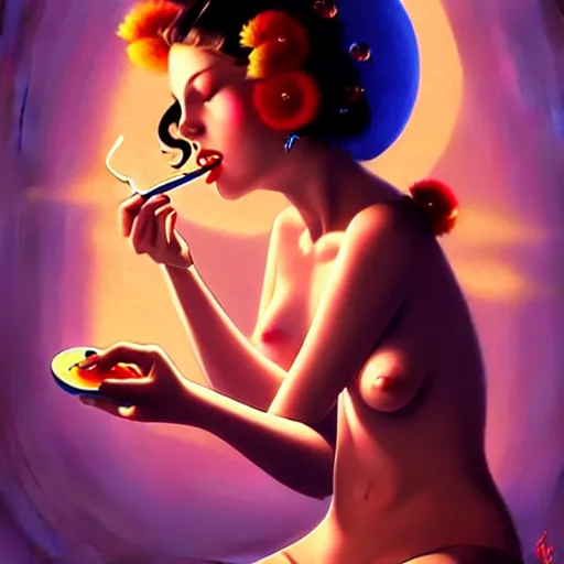 Image similar to a cute female character smoking a joint, psychedelic art,, by greg rutkowski, gil elvgren, earl moran, enoch bolles, glossy skin, pearlescent, anime, maxim magazine, morandi color scheme, art station, by ilya kuvshinov h 6 4 0