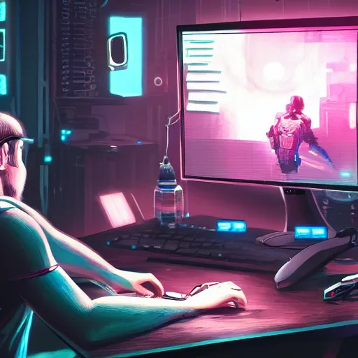 Image similar to realistic man using laptop in gaming room, artstation trends, cyberpunk concept art, highly detailed, intricate, sharp focus, digital art, 8 k