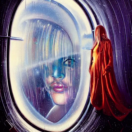 Image similar to detailed face of a woman, large hadron collider, dimensional portal, teleportation, wet reflections, prism, atmospheric, ambient, pj crook, syd mead, livia prima, artgerm, greg rutkowski, nick alm, casey baugh