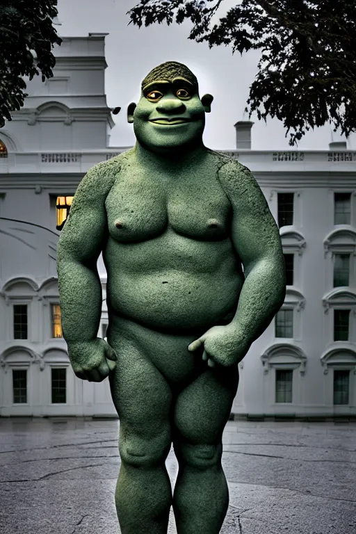 Prompt: A beautiful stone statue of Shrek in front of the White House, photo by Steve McCurry, heroic pose, detailed, smooth, smiling, professional photographer