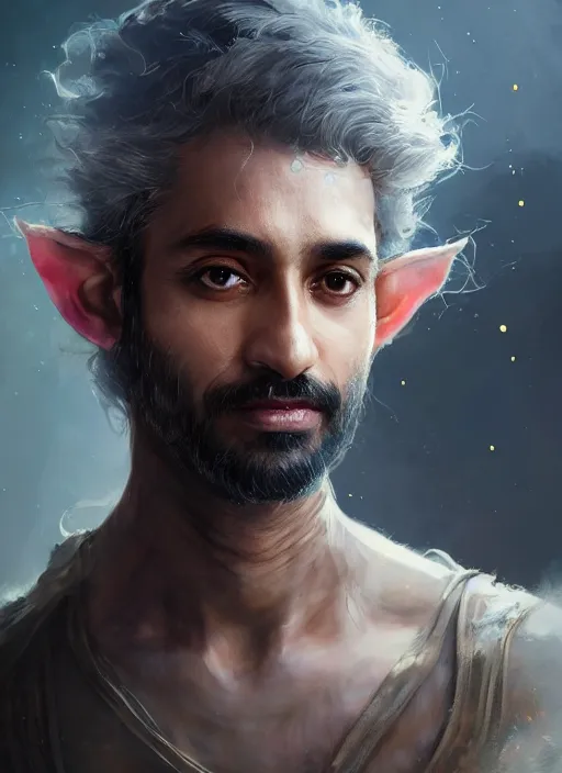 Prompt: Portrait of Indian Scruffy haired male biopunk scientist with elven ears, He is working on trinkets on a table, realistic, detailed, 4k by Greg Rutkowski Mark Arian trending on artstation