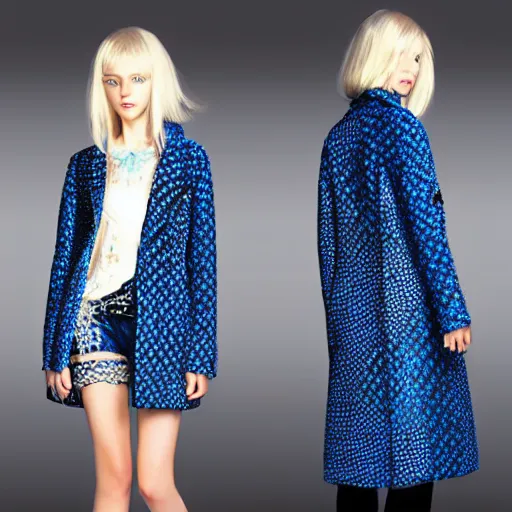 Image similar to fashion 2 0 5 0 fantastic openwork long coat with intricate pattern on a beautiful symmetrical girl with blue hair, hyper realistic photos