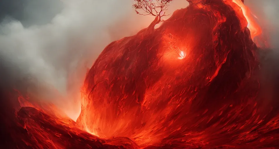 Prompt: a volcano made of ivory vines and crimson rocks enters in eruption, it spits a smoke in the shape of demonic eye, by Charlie bowater