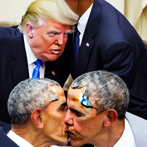 Prompt: donald trump kissing barack obama, photography,