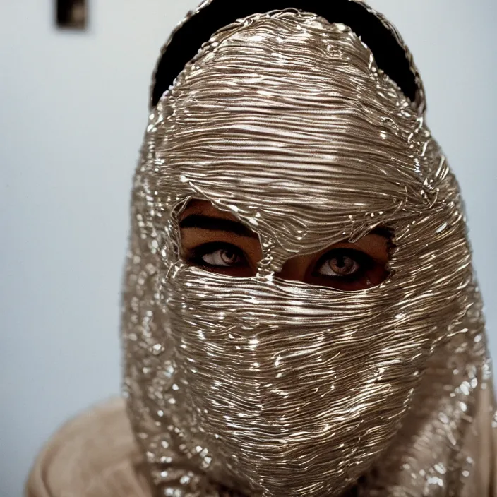 Prompt: a closeup portrait of a woman wearing a hood made of wire and plastic, in a laundry mat, color photograph, by caravaggio, canon eos c 3 0 0, ƒ 1. 8, 3 5 mm, 8 k, medium - format print