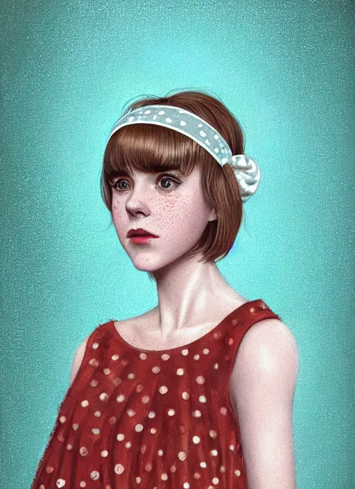 Image similar to portrait of kiernan shipka with freckles, white hair, 1 9 6 0 s bob hairstyle, hairstyle with bangs, 1 9 6 0 s bob hair with bangs and hairband, intricate, elegant, glowing lights, highly detailed, digital painting, artstation, concept art, smooth, sharp focus, illustration, art by wlop, mars ravelo and greg rutkowski